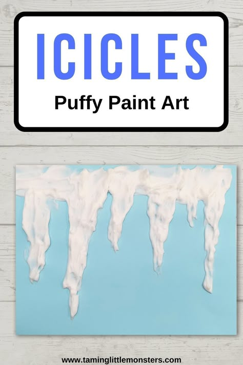 Easy Puffy Paint Icicle Art for Kids. Learn how to make puffy paint for your next winter themed art and crafts. This icicle picture is fun and easy to make, perfect for toddlers and preschoolers. #winter #artsandcrafts #preschool #toddlers #kindergarten Make Puffy Paint, Icicle Crafts, Ice Crafts, Fun Art And Craft, Craft Ideas With Paper, Ice Painting, Snow Crafts, Cool Crafts For Kids, Winter Art Lesson