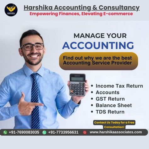 we are harshika accounting & consultancy, offering a full range of accounting services alongside our digital marketing services and e-commerce platform management for amazon, flipkart, meesho, etsy, ebay, and more! 🚀 find out why we are the best accounting service provider: - income tax return - accounts - GST return - balance sheet - TDS return call 7690083035 or whatsapp at 7733956631. visit www.harshikaassociates.com #accountingservices #digitalmarketing #ecommercemanagement #amazon #fl... Accounting Social Media Post, Accounting Design, Accounting Student, Online Bookkeeping, Digital Advertising Design, Church Media Design, Accounting Firm, Real Estate Ads, Income Tax Return