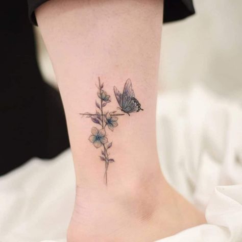 Butterfly Tattoo Idea On Leg Tattoos For Women 2023, Yellow Butterfly Tattoo, Butterfly Ankle Tattoos, Cute Ankle Tattoos, Butterfly Tattoos Images, Butterfly Name Tattoo, Butterfly With Flowers Tattoo, Tattoo Coverup, Cross Tattoos For Women