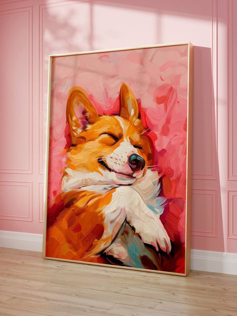 Delight in the charm of this adorable printable wall art featuring a sleeping corgi in a preppy oil painting style. Set against a soft, girly pink background, this artwork embodies the essence of dopamine decor, bringing warmth and happiness to any room. Perfect for adding a playful yet elegant touch to a bedroom, this print makes a thoughtful gift for dog lovers and pet parents alike. You will receive 1 PDF (+ bonus art) that has a Google Disc link to access 6 high-resolution JPG files at 300 D Colorful Dogs Painting, Funny Dog Art Prints, Golden Retriever Art Prints, Dopamine Art, Corgi Print, Corgi Oil Painting, Golden Retriever Wall Art, Dog Lovers Art, Animal Bedroom