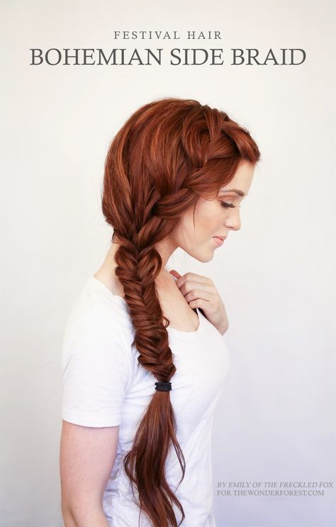 Festival Hair: Romantic Bohemian Side Braid Tutorial Festival Hair Tutorial, French Fishtail, Fishtail Braids, French Braid Hairstyles, Fishtail Braid, Copper Hair Color, Nails French, Festival Hair, Side Braid