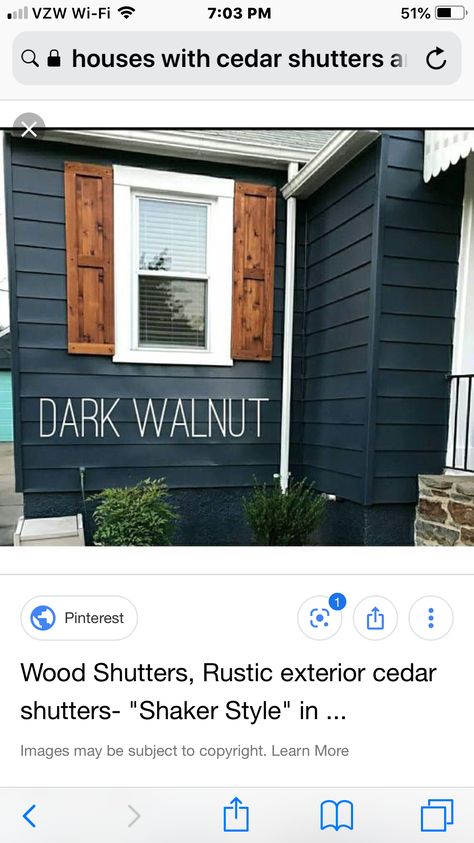 Navy Blue House Exterior, Dark Blue House Exterior, Outdoor House Paint, Navy Blue Houses, Dark Blue Houses, Navy Houses, Mobile Home Exteriors, Cedar Shutters, Outside Paint