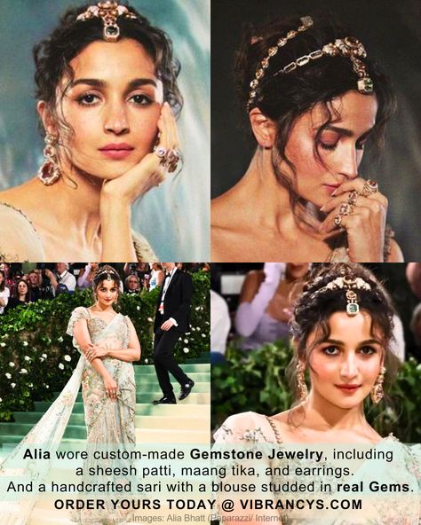 Timeless beauty @aliaabhatt 💕 wore custom-made Gemstone Jewelry, including a Sheesh Patti, Maang Tika & Earrings. And a Handcrafted Saree with a blouse studded in Real Gems.💫 Source your Gemstone Jewelry from 🔗 vibrancys.com 👉 Visit Now & avail great Offers!😍👑 We are also giving lab-tested certificate of our purity and authenticity of the product. 🌎WORLDWIDE SHIPPING #AliaBhatt #MetGala2024 #Vibrancys #METGala #GardenOfTime #GemstoneJewelry #Gemstone #Jewelry #Saree #RealGems #Redcarpet... Sheesh Patti, Maang Tika, Sabyasachi Jewellery, Jewel Wedding, Bollywood Wedding, Hollywood Studios, Alia Bhatt, Bollywood Saree, Bollywood Stars