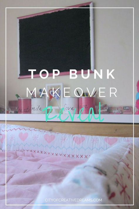 Top Bunk Makeover Reveal | City of Creative Dreams, bunk bed with desk, bunk bed for girls room, bunk bed diy, bunk bed ikea Top Bunk Ideas, Bunk Bed Curtains Diy, Bunk Bed Shelf Ideas, Bunk Beds Decor Ideas, Top Bunk Bed Decorating Ideas, Bunk Bed Decorating Ideas Lights, Bunk Bed Ikea, Bunk Bed For Girls, Bunk Bed Makeover