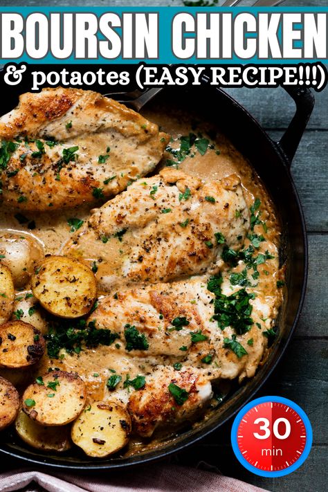 Boursin Chicken with Potatoes is an easy weeknight recipe, make it in a braiser or dutch oven for super easy clean up! Braiser Recipes One Pot, Recipes Using A Braiser, Le Creuset Chicken Recipes, Dinner Ideas Easy Quick Stove Top, Recipes For Le Creuset Braiser, Staub Braiser Recipes, Cast Iron Braiser Recipes, Durch Oven Chicken Recipes, Braiser Recipes Le Creuset