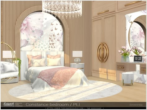 Wall Round Mirror, Bedroom Inspirations Cozy, Arch Wall Decor, Plaid Bed, Royal Bedroom Design, Sims 4 Beds, Sims 4 Cc Hair, Royal Bedroom, Resource Furniture