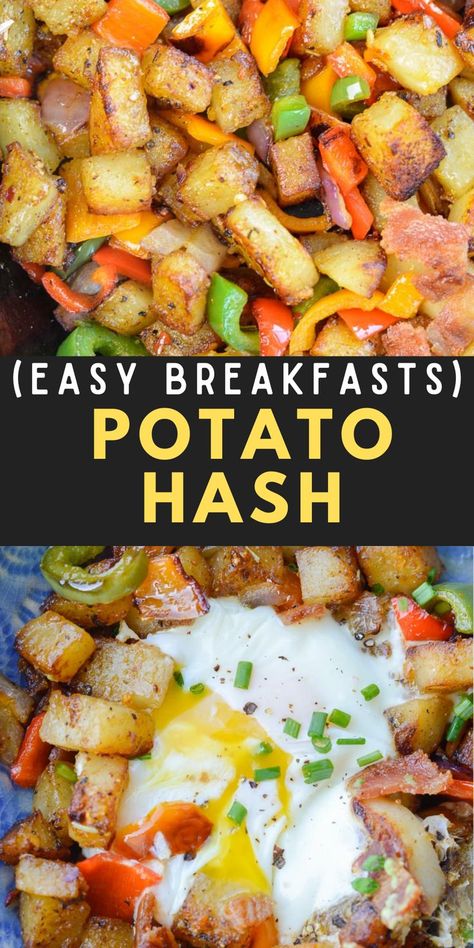 This delicious Potato Hash Recipe is perfect for a weekend breakfast! Crispy bacon and potatoes are cooked with tender peppers and onions for a breakfast skillet packed with flavor. Healthy Recipes Breakfast, Bacon And Potatoes, Breakfast Potatoes Easy, Recipes Healthy Breakfast, Breakfast Skillet Recipes, Potato Hash Recipe, Potato Breakfast Recipes, Easy Breakfast Recipes, Veggie Breakfast