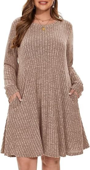 BELAROI Plus Size Sweater Dress Plus Size Dresses for Curvy Women Crew Neck Long Sleeve Casual Fall Winter Tunic Dress Pockets (3X, Khaki) at Amazon Women’s Clothing store Sweater Dress Plus Size, Women Sweater Dress, Winter Tunic, Plus Size Sweater Dress, Plus Size Sweater, Dress Pockets, Club Night, Plus Size Sweaters, Hijab Style