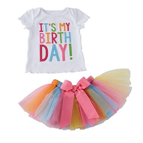 Puseky Toddler Baby Girls Birthday T-shirt+Rainbow Mesh Tutu Skirt Outfit Set (1-2 Years) Skirt Two Piece Outfit, Tutu Skirt Outfit, Colourful Dress, Birthday Clothes, Rainbow Skirt, First Birthday Dresses, Two Piece Outfits