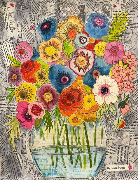 2024 March 12-13 Collage and Inktense Retreat with Laura Heine- Deposit and Registration Fish Collage, Friends Collage, Laura Heine, Collage Quilts, Inktense Pencils, Berry Basket, Christmas Collage, Flower Collage, Still Life Flowers