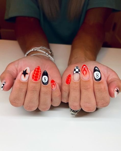 All Posts • Instagram Short Almond Nails Fourth Of July, Red Blue Nail Art, Mix And Match Nails Summer, Harley Davidson Nails Designs Art Ideas, Trendy Easy Nails, Super Fun Nails, Summer Nails Maximalist, Bright Heart Nails, Acrylic Nails With Different Designs On Each Nail