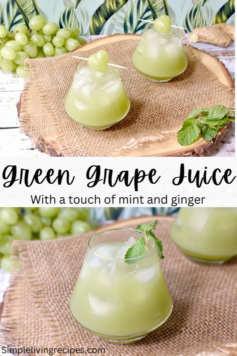 Green grape juice in two glass cups, with green grapes and mint leaves garnishing. Grape Juice Recipes Ideas, Green Grapes Juice Recipe, Recipes Using Green Grapes, Green Grape Dessert, What To Do With Green Grapes, Green Grape Recipes Ideas, Recipes For Grapes, Recipes With Green Grapes, Green Grape Recipes