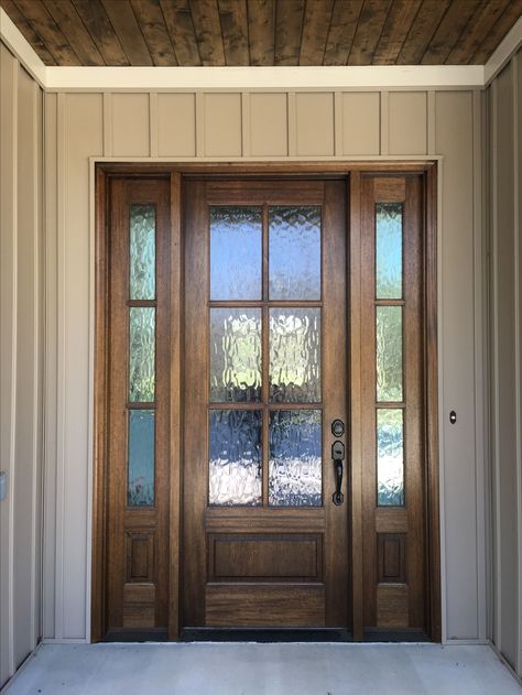 Mahogany front door with privacy glass. See more pictures on instagram @buildingbulleycreek Front Door Styles With Side Lights, Stain Front Door Wood, Grey House With Wood Door, Landscaping By Front Door, Big Front Door Ideas, Rustic Front Doors, Front Door Glass Panel, Pilot View, Mahogany Front Door