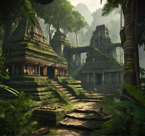 An lost ancient city, hidden in an overgrown jungle. What secrets are hidden within the temples? Temple In Jungle, Fantasy Jungle City, Jungle Temple Art, Aztec Village, Overgrown City, Jungle Ruins, Lizardmen Warhammer, Fantasy Jungle, Jungle City