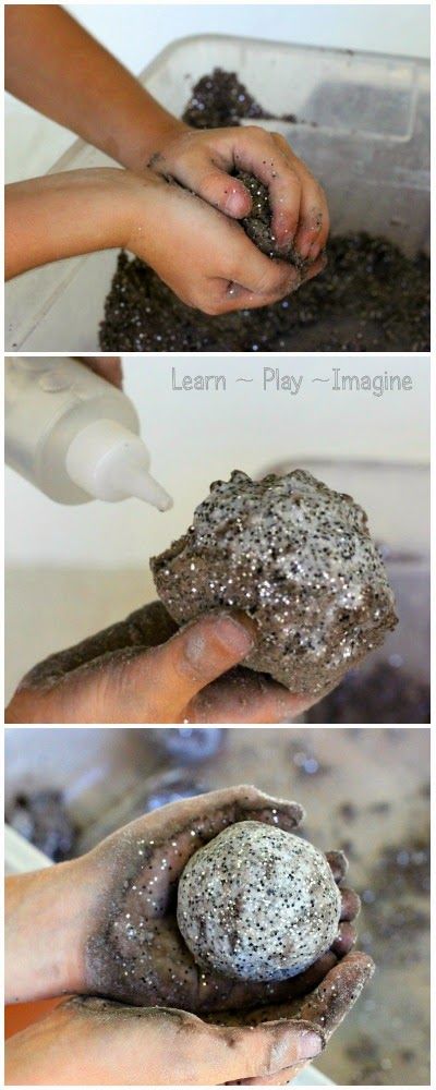 A simple play recipe, making MOON ROCKS.  These kid made rocks are perfect for play and learning, and guess what?  If you add a little vinegar they ERUPT! Science Experience, Moon Rocks, Space Unit, Power Hour, Paint Water, Space Activities, Moon Rock, Preschool Science, Glitter Paint