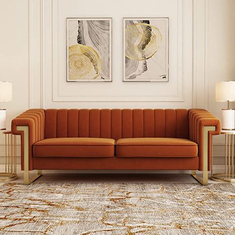 Amazon.com: Orange Velvet Couch Sofa, 84 Wide Mid-Century Modern Love Seat Tufted Chesterfield Velvet Sofa Loveseat Futon with Curved Arm Gold Leg, 3 Seat Large Comfy Couches Sofas for Livingroom (Orange) : Home & Kitchen Modern White Living Room, Sofa Wall Decor, Luxury Furniture Sofa, Orange Sofa, Corner Sofa Design, Modern Sofa Living Room, Unique Sofas, Modern Sofa Designs, Modern Loveseat