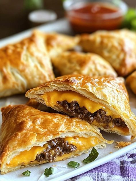 Cheeseburger Pockets Hamburger Pockets Ground Beef, Crescent Roll Cheeseburger Pie, Cheeseburger Pockets Crescent Rolls, Puff Pastry Pockets Recipe, Easy Hand Held Food, Slider Cheeseburger Recipes, Cooking Recipes For Dinner Ground Beef, Cheeseburger Puff Pastry, Fun Yummy Recipes