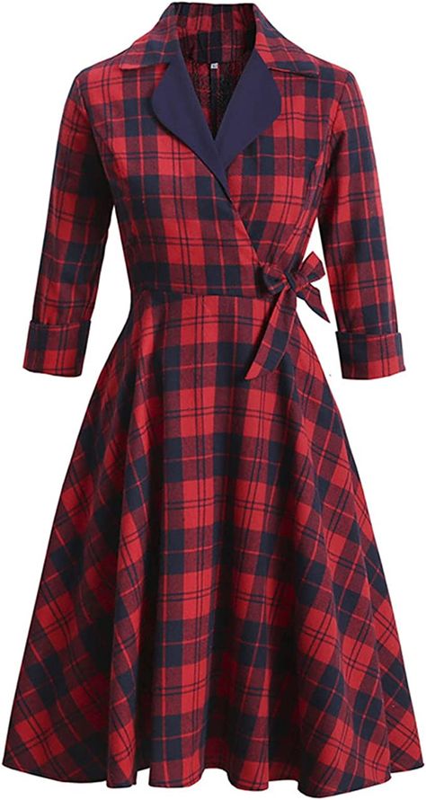 Dress for Women Classic HepburnStyle 3/4 Sleeve Tie Turtleneck Cocktail Gown Wedding Guest Retro Plaid Tea Dress at Amazon Women’s Clothing store Womens Plaid Dress, Bowknot Dress, Vintage Wedding Party, Sleek Dress, Casual Tie, Vintage 1950s Dresses, Vestidos Vintage, 1950s Dress, Plus Size Kleidung