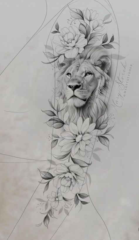 Lion And Flowers Tattoo Design, Lions Tattoo, Lioness Tattoo Design, Jin Jang, Tier Tattoo, Rose Drawing Tattoo, Lioness Tattoo, Lion Tattoo Sleeves, Lion Head Tattoos