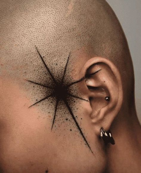 ✌🏽 🤞🏽 🫰🏽 🤟🏽 🤘🏽 🤙🏽 Lightning Face Tattoo, 8 Pointed Star Tattoo Bryce, Around Ear Tattoo, 360 Tattoo, Ear Face Tattoo, Back Of Head Tattoo, Jawline Tattoo, Side Of Ear Tattoo, Black Abstract Tattoo