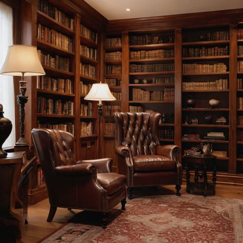 ⚠️LINK IN BIO⚠️ A sophisticated classic-style home library with floor-to-ceiling bookshelves, rich wooden hues, and a comfortable leather armchair. #HomeLibrary #ClassicStyle #Bookshelves #Wood #LeatherArmchair Old Fashioned Library Room, Dark Wood Built In Bookshelves, Big Library In House, Classic Home Library Design, Colonial Library, Dark Wood Interior, Home Library Aesthetic, Bookshelves Wood, Beautiful Home Library