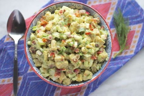 Paleo Plantain Potato Salad (AIP) - a hearty, yet refreshing summer salad with the flavors of classic potato salad but in a healthier version! | fedandfulfilled.com Whals Protocol, Aip Sides, How To Cook Plantains, Hearty Salad Recipes, Wahls Protocol, Gut Diet, Green Plantains, Paleo Sides, Classic Potato Salad