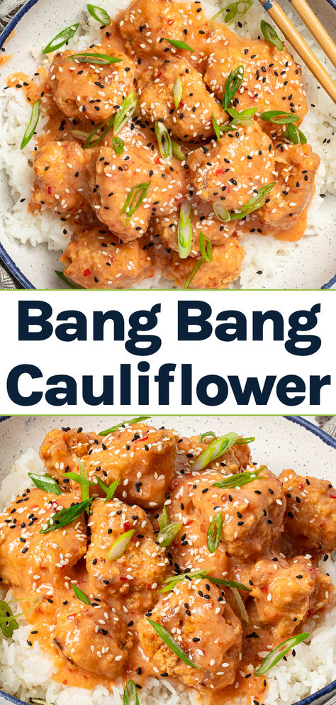 Vegan Bang Bang Cauliflower Wings on a bed of rice. Rice And Cauliflower Recipes, Easy Dinner Recipes Veggies, Thai Cauliflower Recipes, Vegetarian Quick Recipes, Vegan Group Meals, Vegetarian Recipes Without Carbs, Vegan Bang Bang Cauliflower, Vegetarian Meals For Two, Easy Gluten Free Vegan Recipes