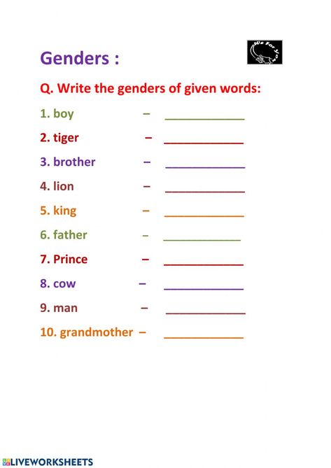 Gender Worksheet For Class 1, Gender Worksheets For Grade 2, Masculine And Feminine Worksheet, Gender Worksheet, Princess Lessons, Action Verbs Worksheet, Plural Words, Verbs Worksheet, Worksheets For Class 1