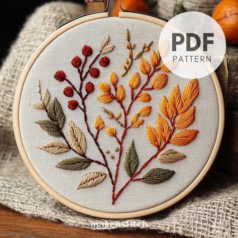 Fall Foliage Hand Embroidery Pattern, Botanical Embroidery Design, Leaves Embroidery Design, Autumn Embroidery, Fall Embroidery PDF Autumn Leaf Embroidery, Fall Flower Embroidery, Autumn Embroidery Designs, Simple Fall Embroidery, Autumn Embroidery Patterns, Embroidery Flowers Pattern Templates, Autumn Leaves Embroidery, Cozy Embroidery, Embroidery Fall