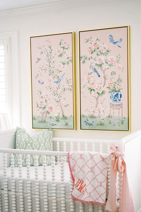 Betsy’s nursery 🎀 pink chinoiserie art baby nursery girl canvas art print girl room Bedroom toddler young child green laurel pillow white Jenny Lind crib pink crib bows #LTKbaby #LTKhome #LTKFind Girl Nursery Wall Color, Chinoiserie Nursery, Jenny Lind Crib, Pink And Green Nursery, Girls Room Colors, Pink Chinoiserie, Girl Nursery Pink