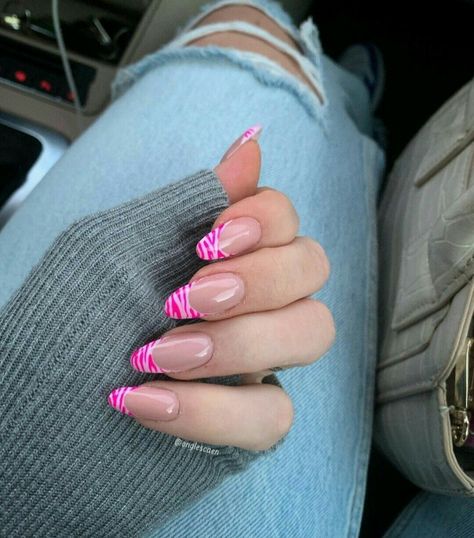 Summer Zebra Nails, Nails Zebra Design, Pink And Zebra Nails, Zebra Almond Nails, Zebra Tip Nails, Zebra Nails Pink, Zebra Nails Acrylic, Zebra Manicure, Pink Nail Ideas Summer