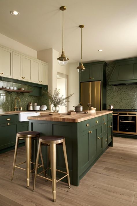 Emerald And Gold Interior, Gold Accents Kitchen Decor, Dark Green Kitchen Accents, Green Brown Kitchen Cabinets, Black And Emerald Green Kitchen, Kitchen Design Dark Green, Green Kitchen Brown Countertops, Green Kitchen Copper Accents, Copper Green Kitchen