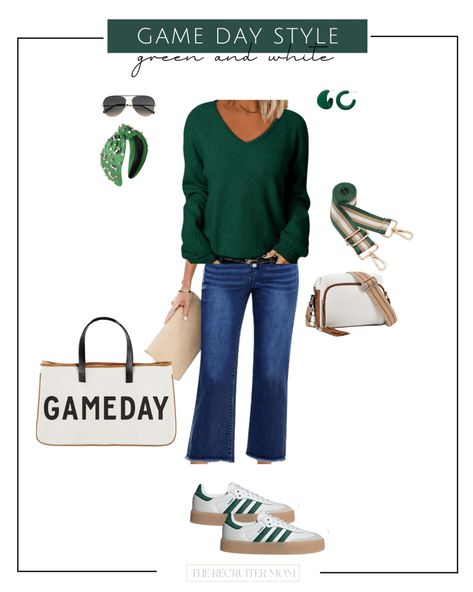 Game Day Style in Green and White Game day fashion, game day looks, football team, football outfit, college football, football kickoff, sports outfit, team sports, team color outfit, casual outfit, sports mom Fall Football Outfits, Football Game Outfit Fall, Fall Football Outfit, Football Mom Outfit, Game Day Looks, College Football Game Outfit, Game Day Fashion, College Football Outfits, Football Outfit