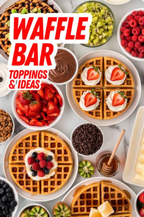 Tired of your typical butter and syrup waffle routine? Here are 10 easy (and mostly kid-friendly!) waffle toppings to help you take that homemade brunch up a couple notches! Because who said you had to get out of your pajamas to enjoy a majestic waffle bar, anyways? Waffle Wednesday Ideas, Mini Waffle Bar, Waffle Toppings Bar, Potluck Bars, Waffle Bar Toppings, Waffle Topping Ideas, Waffle Bar Brunch, Waffle Bar Ideas, Diy Waffle Bar