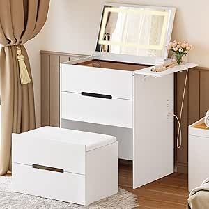 LIKIMIO 3 in 1 Vanity Desk with Plip Top Mirror, LED Light & Power Outlet Small Make Up Vanity Set with Visible Glass Desktop, Compact Makeup Vanity with 3 Drawers, Dressing Table for Bedroom, White Hidden Vanity Ideas, Flip Top Vanity, Makeup Organization Ideas Small Spaces, Vanity In Closet, Small Vanity Ideas, Dressing Table For Bedroom, Preppy Dorm Room Decor, Vanity Nightstand, Simple Vanity