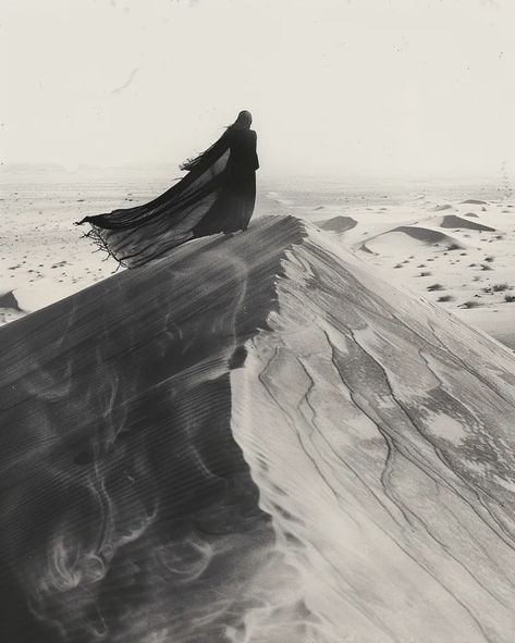 Midjourney AI Image: electricity in the sand, desert, sand dunes, lone woman on top of the sand dune wearing a black scar... → more in ai-img-gen.com Desert Sand Dunes, Dune Art, Desert Sand, White Image, Sand Dunes, The Sand, Witch, Electricity, Black And White