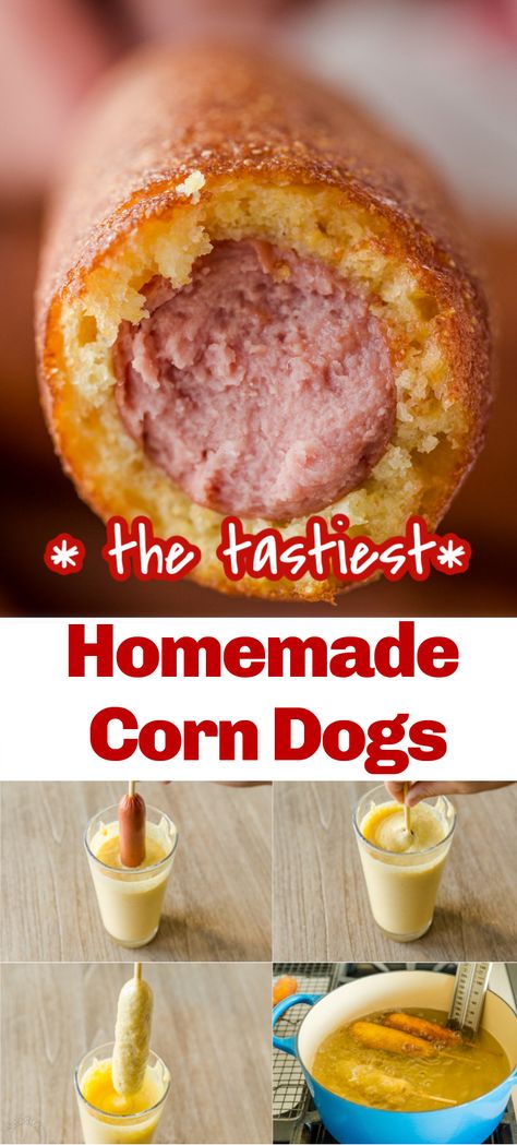 Fair Style Corn Dogs, Corn Dogs With Pancake Batter, Corn Dogs Homemade Easy, Making Corn Dogs, American Food Dinner Ideas, Diy Corndogs Homemade, Homemade Corn Dog Batter, Corn Dog Recipe Without Cornmeal, Corn Dog Waffles