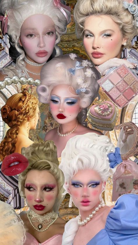 Marie Antoinette makeup looks 💄 Marie Antoinette Black Woman, Marie Antoinette Zombie, Marie Antoinette Fashion Editorial, Marie Antoinette Inspired Makeup, Marie Antoinette Aesthetic Makeup, Marie Antoinette Costume Makeup, Marie Antoinette Makeup Halloween, Victorian Makeup Aesthetic, Marie Antoinette Makeup Modern