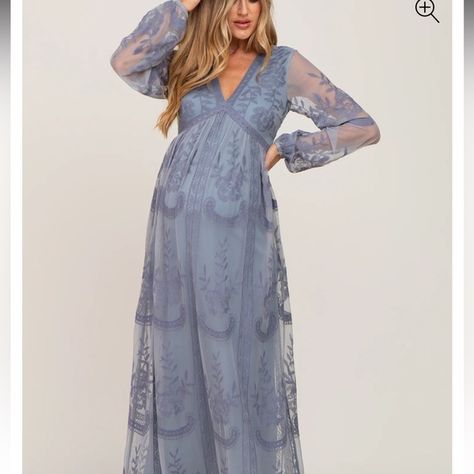 PinkBlush Blue Grey Lace Mesh Overlay Long Sleeve Maternity Maxi Dress Fall Baby Shower Dress, Blue Baby Shower Dress, Blue Maternity Dress, Maternity Maxi Dress, Maternity Dresses For Photoshoot, Fall Wedding Guest Dress, Grey Lace, Maternity Maxi, Baby Shower Dresses