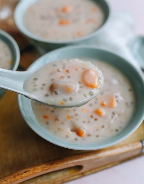 Taro Sago (Tapioca) Dessert Soup - The Woks of Life Chinese Dessert Soup, Taro Desserts, Taro Sago, Taro Dessert, Tapioca Dessert, Coconut Milk Dessert, Dessert Soup, Asian Dessert, Wok Of Life