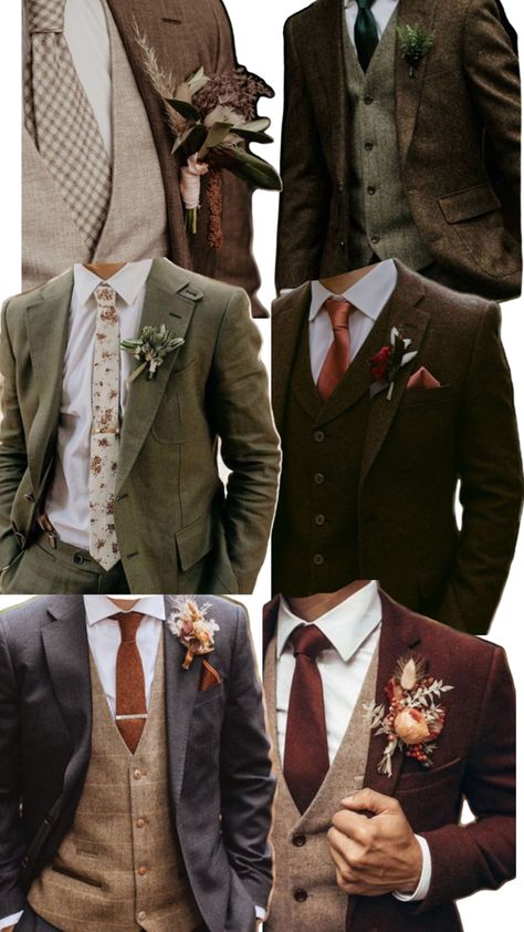 Woodland Wedding Mens Attire, Brown Suit Green Tie Wedding, Woodland Groomsmen Attire, Rustic Wedding Tux Groom Attire, Forest Wedding Groomsmen Attire, Groomsmen In Different Suits, Green Suit Brown Vest, Wedding Brown And Green, Winter Wedding Suits For Men