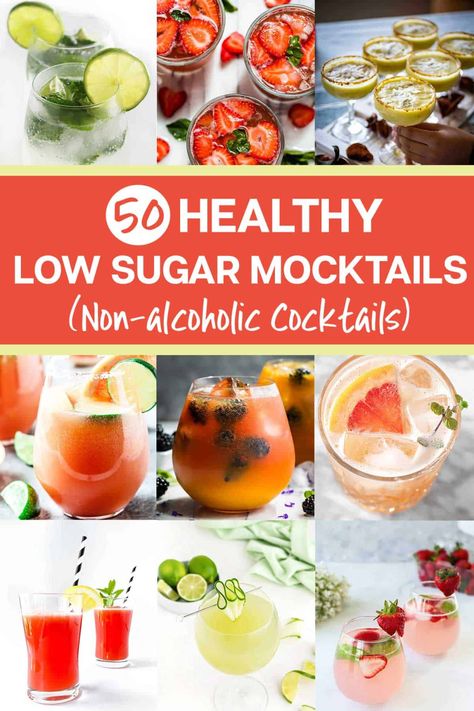 If you are looking to switch things up with your beverage choices, try these low sugar mocktails. You won't even miss the alcohol! Low Carb Mocktails, Low Calorie Mocktails Non Alcoholic, No Sugar Mocktail, Low Sugar Mocktail, Low Sugar Mocktail Recipe, Low Sugar Punch Recipes, Low Sugar Punch, No Alcoholic Cocktails, Mocktails Non Alcoholic Healthy