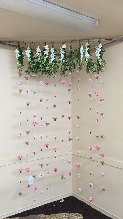 Handmade flower curtain - took me close to 8hrs but it really turned out to be pretty neat looking. I used carnations and orchids Simple Flower Backdrop, Curtain And Flower Backdrop, Diy Flower Curtain Backdrop, Flower Curtain Diy, Curtain Made Of Flowers Wedding Backdrop, Simple Floral Backdrop, Flower Wall Curtain Photo Backdrops, Hanging Flowers Backdrop, Carnation Hanging Backdrop