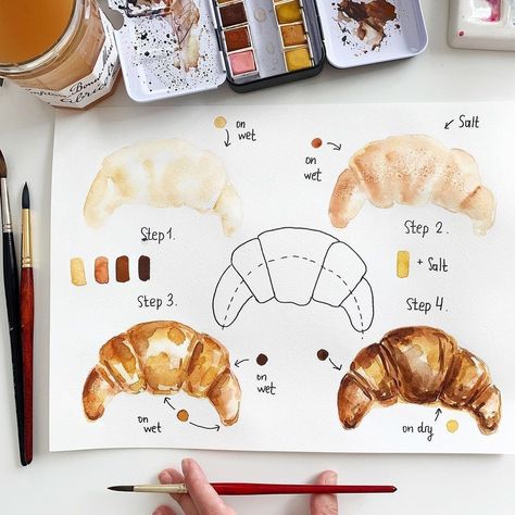 🖌WATERCOLOR BLOG#1🖌 on Instagram: “Delicious croissant step by step by @dearannart Amazing art! Agree? YES\NO Best watercolor: @watercolor_guide Use our tag:…” Watercolour Food, Watercolor Food Illustration, Food Watercolor, Food Tutorials, Food Art Painting, Best Watercolor, Watercolor Blog, Food Artwork, Art Sketches Doodles