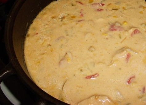 Kittencals Spicy Mexican Chicken Corn Chowder Recipe - Food.com Rotel Soup, Mexican Chicken Corn Chowder, Spicy Mexican Food, Queso Dip Crockpot, Spicy Mexican Chicken, Chicken Corn Chowder Recipe, Salmon Chowder, Pantry Meals, Chicken Corn Chowder