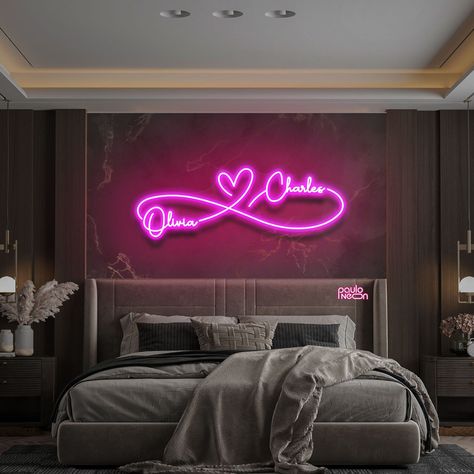 #NeonSignNames #NeonInspiration #NeonSigns #BrightIdeas Neon Gift Ideas, Neon Sign Wedding Backdrop, Neon Signs Bedroom, Neon Signs For Bedroom, Anniversary Backdrop, Led Sign Wall, Last Name Sign Wedding, Bedrooms For Couples, Reception Backdrop