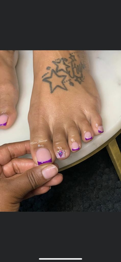 Purple French Tip Pedicure, French Tip Pedicure, French Tip Toes, Purple Toes, French Toes, Fall Purple, Gold Acrylic Nails, Acrylic Toes, Acrylic Toe Nails