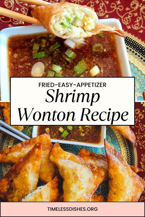 Crispy shrimp wontons on a decorative Asian plate served with dipping sauce and garnished with scallions. Wonton Filling Recipes, Best Fried Shrimp, Shrimp Filling, Asian Food Appetizers, Wonton Recipe, Wonton Appetizers, Shrimp Wonton, Wonton Recipes, Crispy Shrimp