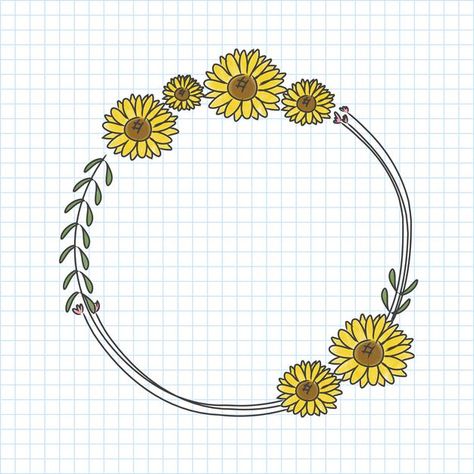 Sunflower Border, Flower Wreath Illustration, Hand Drawn Sunflower, Drawn Sunflower, Wreath Vector, Heart Shaped Hands, Sunflower Illustration, Sunflower Mandala, Wreath Sunflower