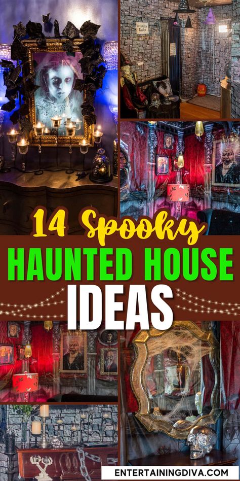 14 Spooky Haunted House Ideas | Halloween Party Ideas Haunted House Rooms Themes, Haunted House Themed Party, Halloween Haunted House Ideas, Haunted House Ideas, Spook Houses, Spooky Haunted House, Halloween Haunted House Decorations, Spooky Ideas, Haunted House Decorations